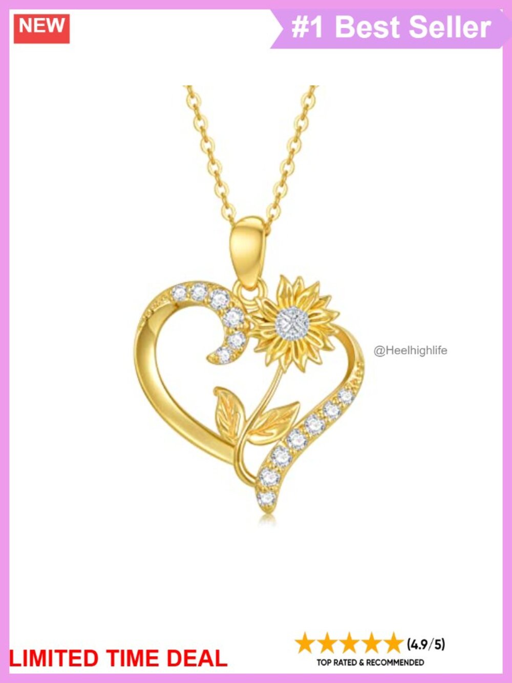 14K Real Gold Birth Flower Pendant Necklace Moissanite Heart Orchid Lotus